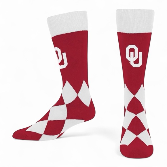 OU Argyle Crew Socks - Red and White - Picture 2 of 3